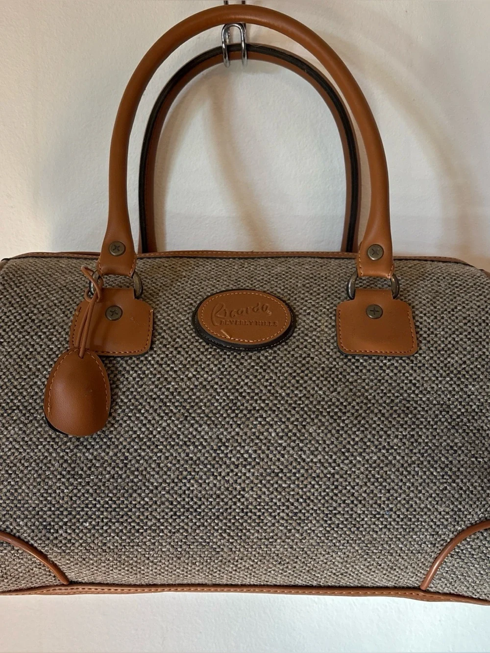 Vintage Ricardo Beverly Hills Tweed & Leather Weekender / Carry-On Bag-lock/key